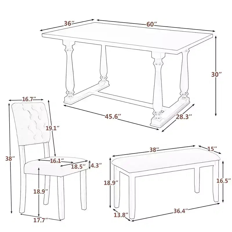 Ensemble de salle à manger 6 places avec banc, table rectangulaire et 4 chaises rembourrées pour la cuisine