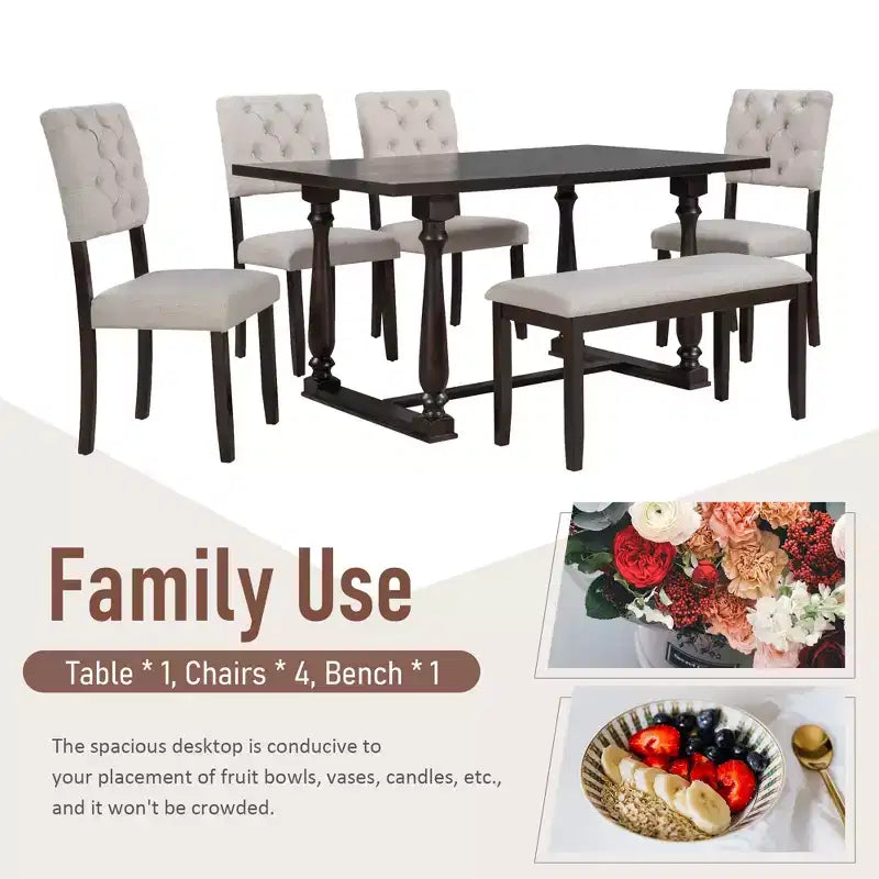 Ensemble de salle à manger 6 places avec banc, table rectangulaire et 4 chaises rembourrées pour la cuisine