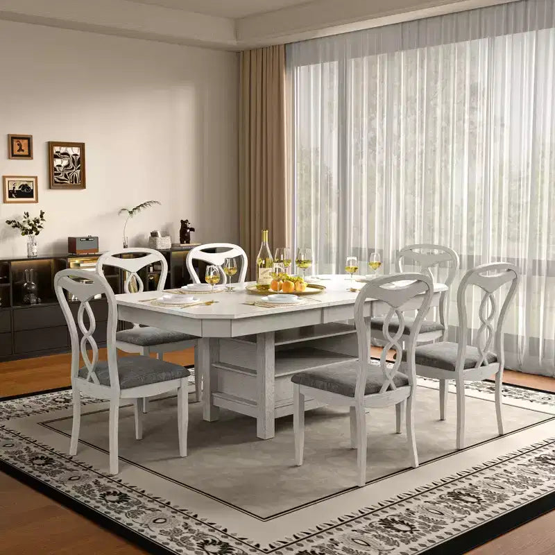 Ensemble de salle à manger extensible VECELO 5/7 pièces, table en bois d'hévéa avec 4/6 chaises de salle à manger rembourrées sans accoudoirs pour la cuisine, gris