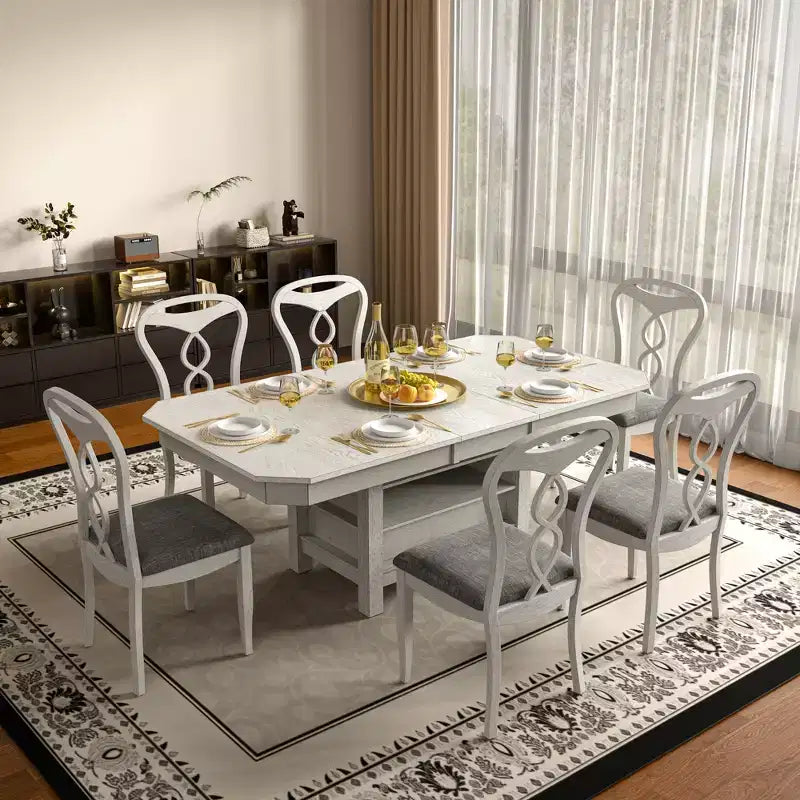 Ensemble de salle à manger extensible VECELO 5/7 pièces, table en bois d'hévéa avec 4/6 chaises de salle à manger rembourrées sans accoudoirs pour la cuisine, gris