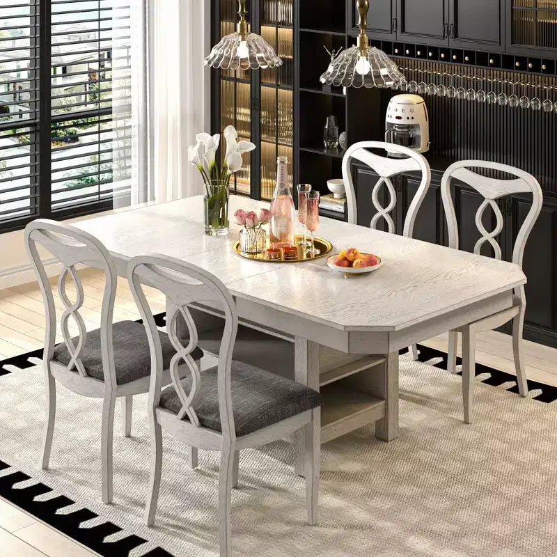 Ensemble de salle à manger extensible VECELO 5/7 pièces, table en bois d'hévéa avec 4/6 chaises de salle à manger rembourrées sans accoudoirs pour la cuisine, gris