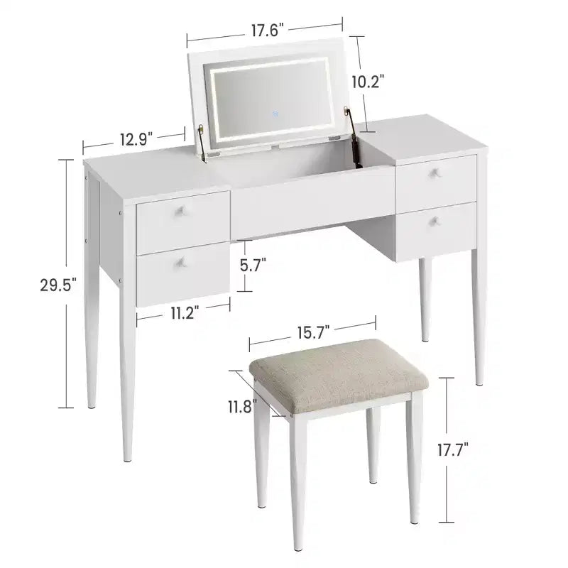 Coiffeuse de maquillage de 120 cm avec miroir escamotable, 3 modes d'éclairage, coiffeuse 3 en 1 avec 5 tiroirs, ensemble de coiffeuse avec chaise pour chambre à coucher