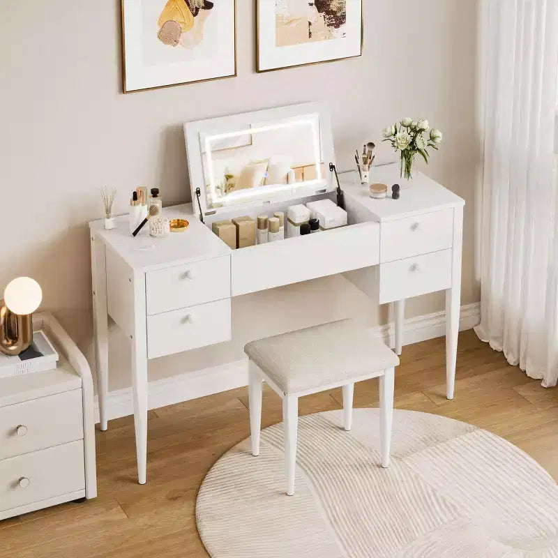 Coiffeuse de maquillage de 120 cm avec miroir escamotable, 3 modes d'éclairage, coiffeuse 3 en 1 avec 5 tiroirs, ensemble de coiffeuse avec chaise pour chambre à coucher