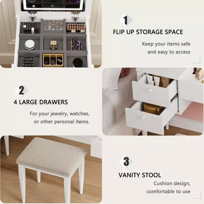 Coiffeuse de maquillage de 120 cm avec miroir escamotable, 3 modes d'éclairage, coiffeuse 3 en 1 avec 5 tiroirs, ensemble de coiffeuse avec chaise pour chambre à coucher