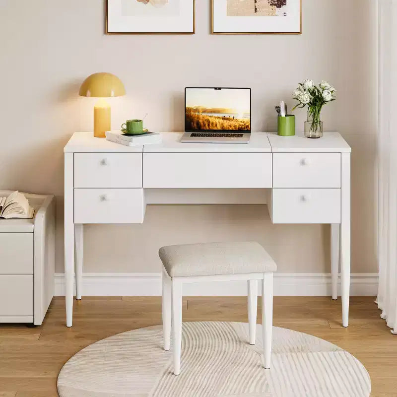 Coiffeuse de maquillage de 120 cm avec miroir escamotable, 3 modes d'éclairage, coiffeuse 3 en 1 avec 5 tiroirs, ensemble de coiffeuse avec chaise pour chambre à coucher