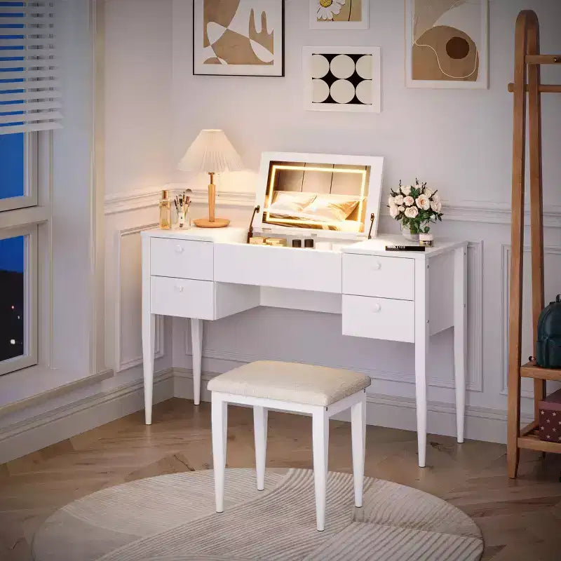 Coiffeuse de maquillage de 120 cm avec miroir escamotable, 3 modes d'éclairage, coiffeuse 3 en 1 avec 5 tiroirs, ensemble de coiffeuse avec chaise pour chambre à coucher