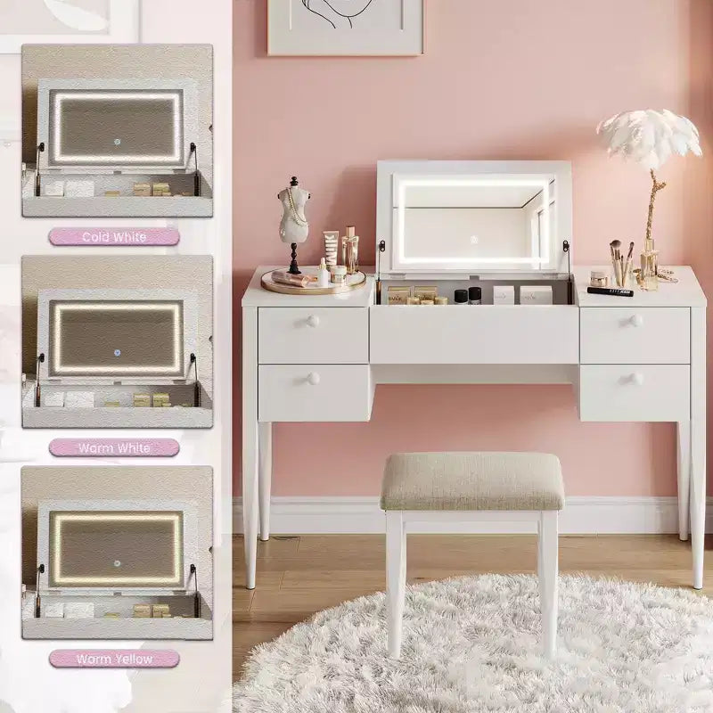 Coiffeuse de maquillage de 120 cm avec miroir escamotable, 3 modes d'éclairage, coiffeuse 3 en 1 avec 5 tiroirs, ensemble de coiffeuse avec chaise pour chambre à coucher