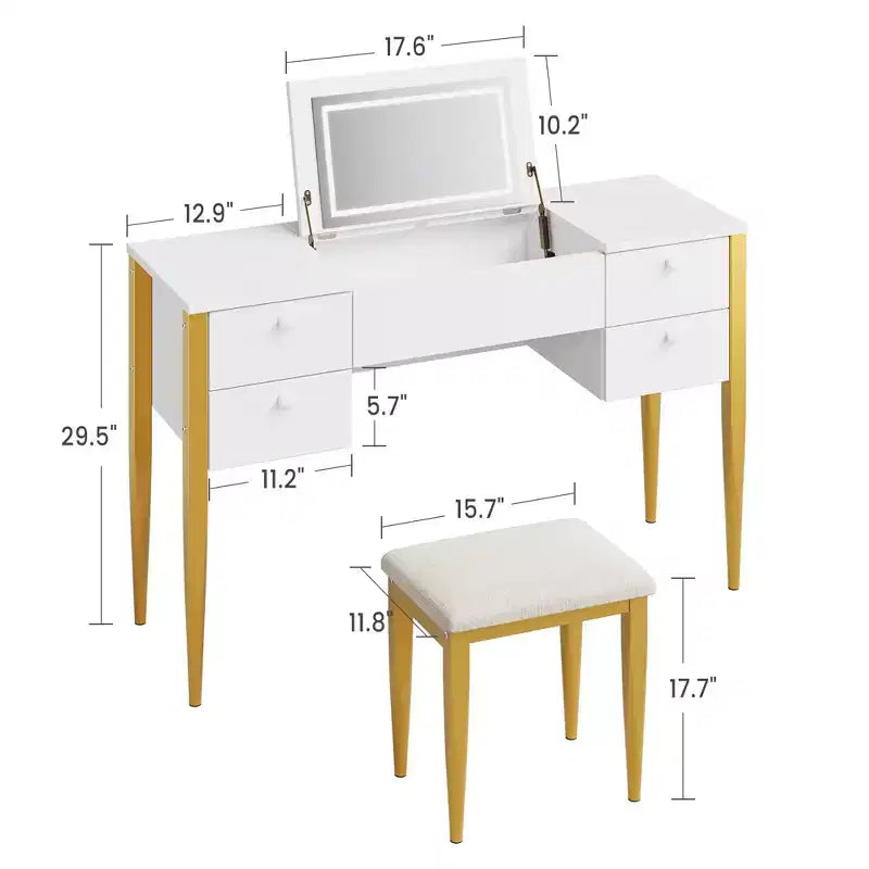 Coiffeuse de maquillage de 120 cm avec miroir escamotable, 3 modes d'éclairage, coiffeuse 3 en 1 avec 5 tiroirs, ensemble de coiffeuse avec chaise pour chambre à coucher