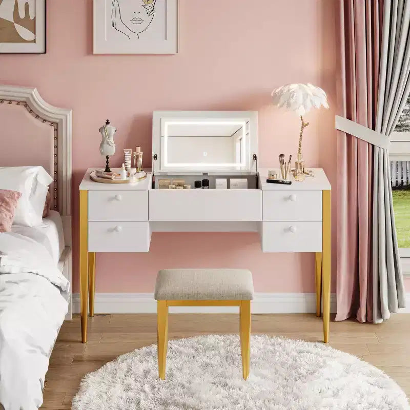 Coiffeuse de maquillage de 120 cm avec miroir escamotable, 3 modes d'éclairage, coiffeuse 3 en 1 avec 5 tiroirs, ensemble de coiffeuse avec chaise pour chambre à coucher