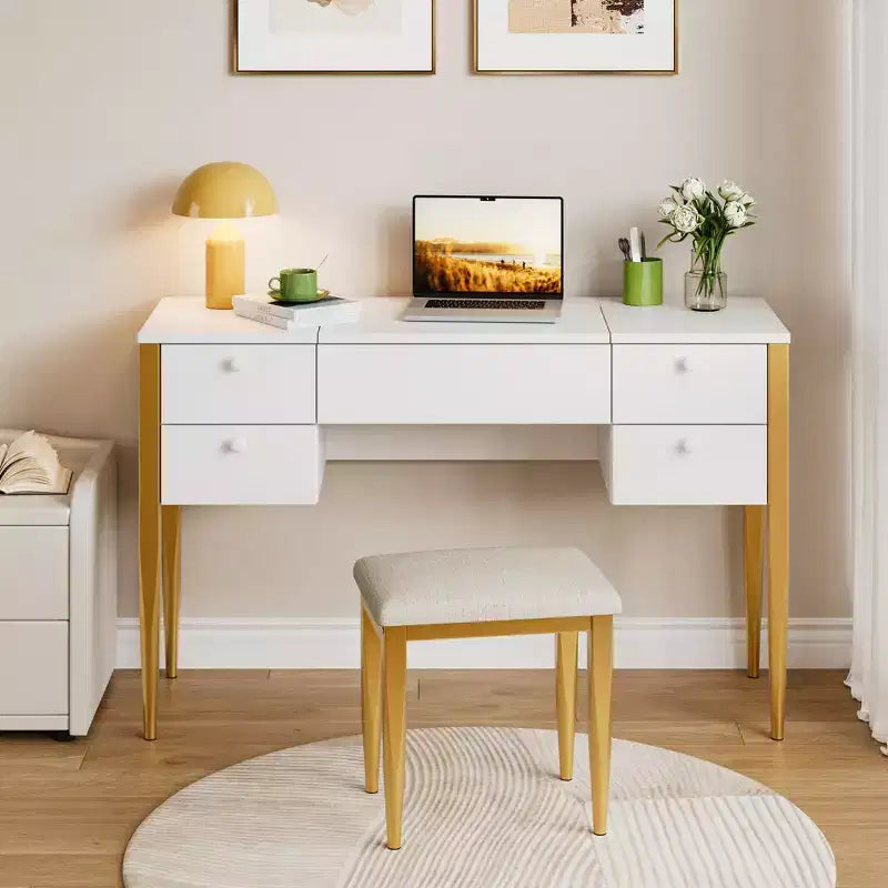 Coiffeuse de maquillage de 120 cm avec miroir escamotable, 3 modes d'éclairage, coiffeuse 3 en 1 avec 5 tiroirs, ensemble de coiffeuse avec chaise pour chambre à coucher
