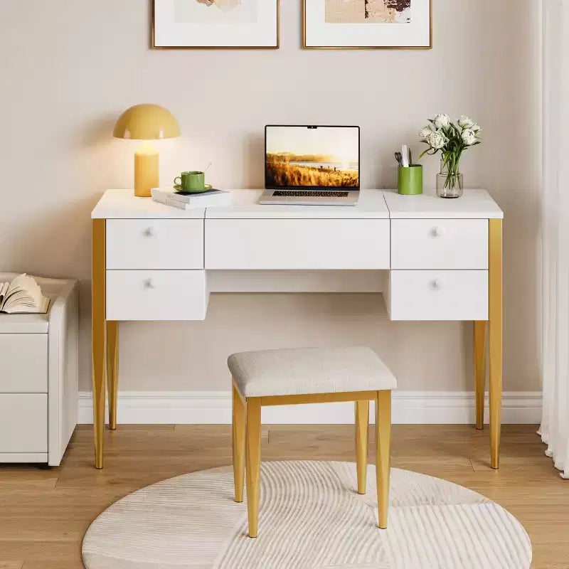 Coiffeuse de maquillage de 120 cm avec miroir escamotable, 3 modes d'éclairage, coiffeuse 3 en 1 avec 5 tiroirs, ensemble de coiffeuse avec chaise pour chambre à coucher