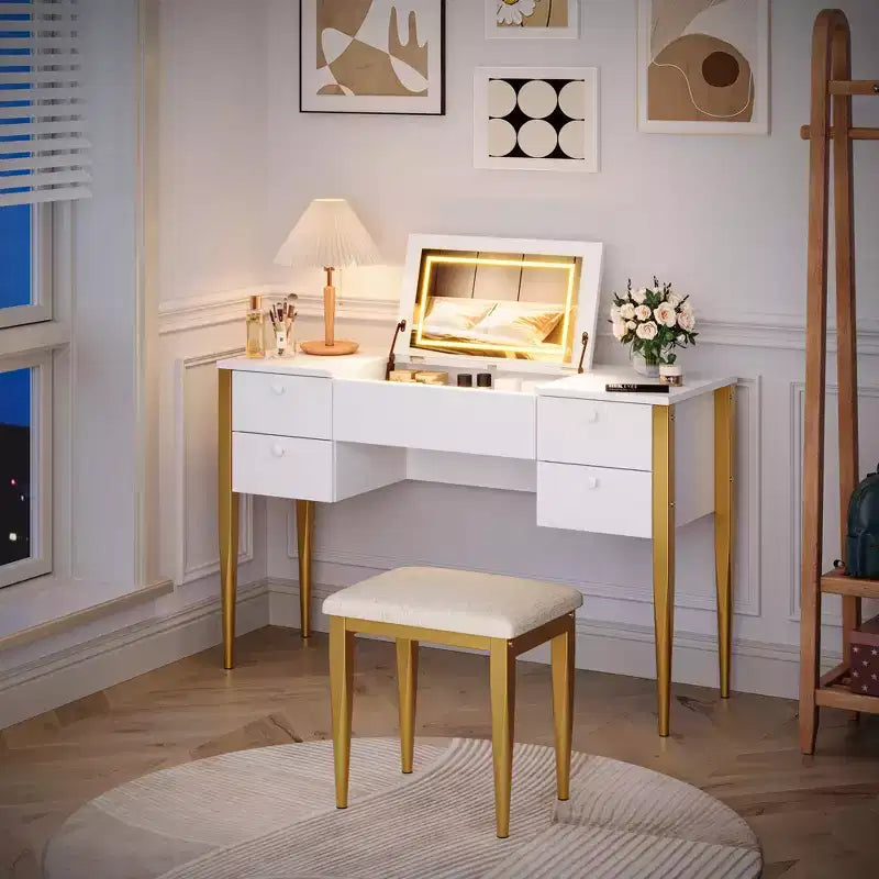 Coiffeuse de maquillage de 120 cm avec miroir escamotable, 3 modes d'éclairage, coiffeuse 3 en 1 avec 5 tiroirs, ensemble de coiffeuse avec chaise pour chambre à coucher
