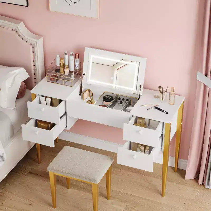 Coiffeuse de maquillage de 120 cm avec miroir escamotable, 3 modes d'éclairage, coiffeuse 3 en 1 avec 5 tiroirs, ensemble de coiffeuse avec chaise pour chambre à coucher