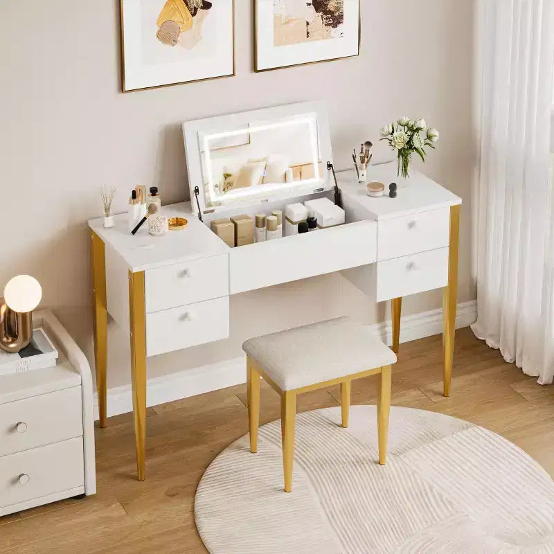 Coiffeuse de maquillage de 120 cm avec miroir escamotable, 3 modes d'éclairage, coiffeuse 3 en 1 avec 5 tiroirs, ensemble de coiffeuse avec chaise pour chambre à coucher