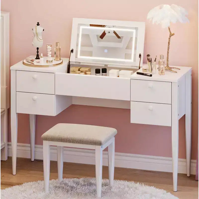 Coiffeuse de maquillage de 120 cm avec miroir escamotable, 3 modes d'éclairage, coiffeuse 3 en 1 avec 5 tiroirs, ensemble de coiffeuse avec chaise pour chambre à coucher