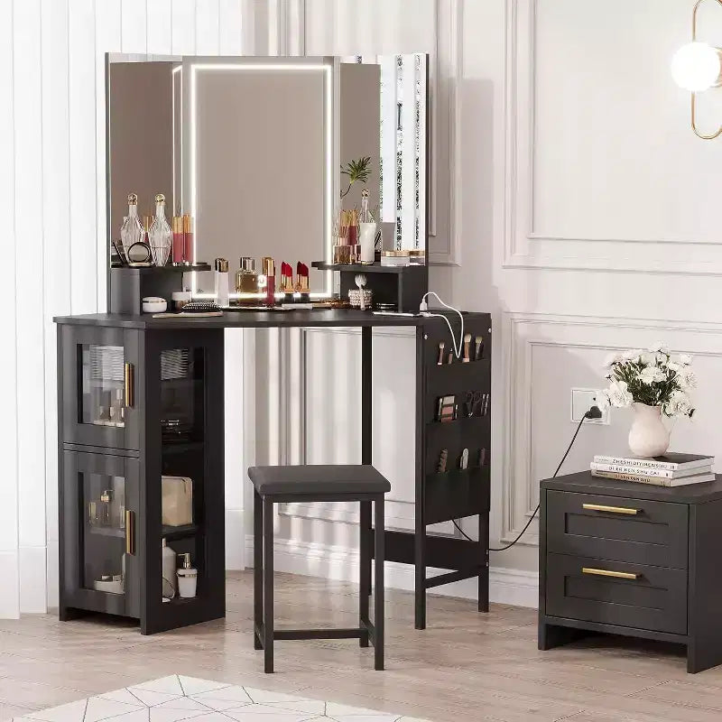 Acekool Corner Vanity Set with Stool, Charging Station & Illuminated Mirror