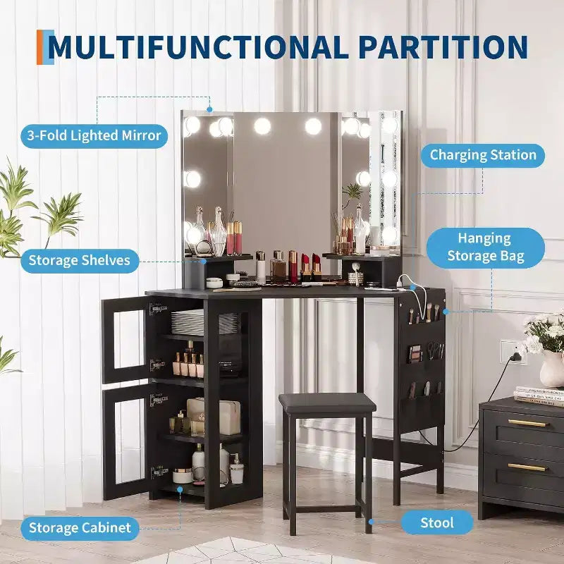 Acekool Coiffeuse d'angle avec tabouret, station de charge et miroir lumineux