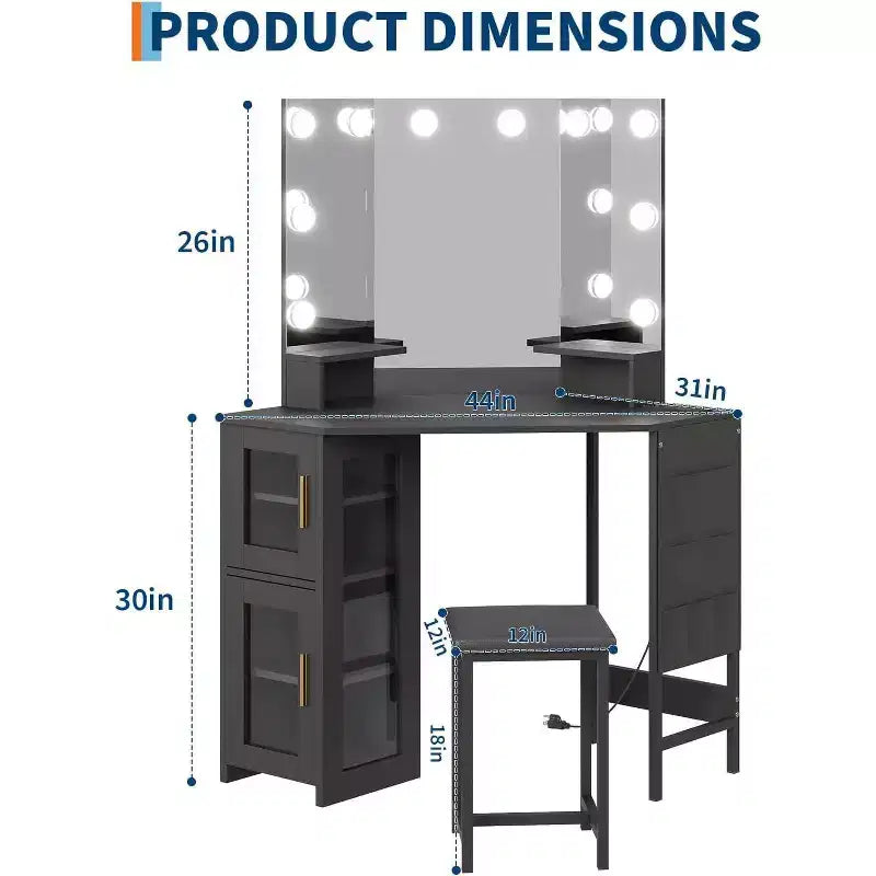 Acekool Coiffeuse d'angle avec tabouret, station de charge et miroir lumineux