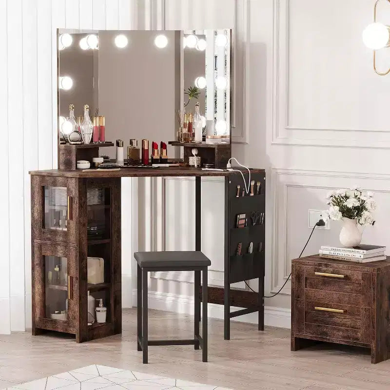 Acekool Coiffeuse d'angle avec tabouret, station de charge et miroir lumineux