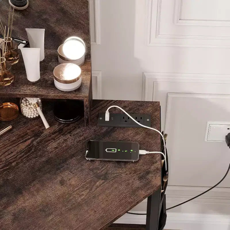 Acekool Coiffeuse d'angle avec tabouret, station de charge et miroir lumineux
