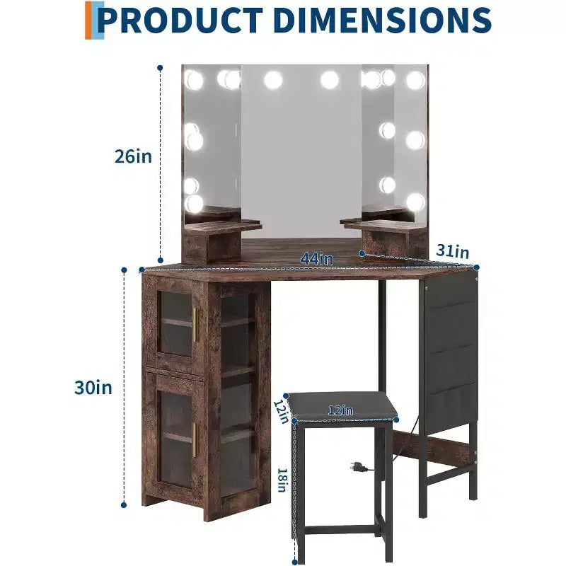 Acekool Coiffeuse d'angle avec tabouret, station de charge et miroir lumineux