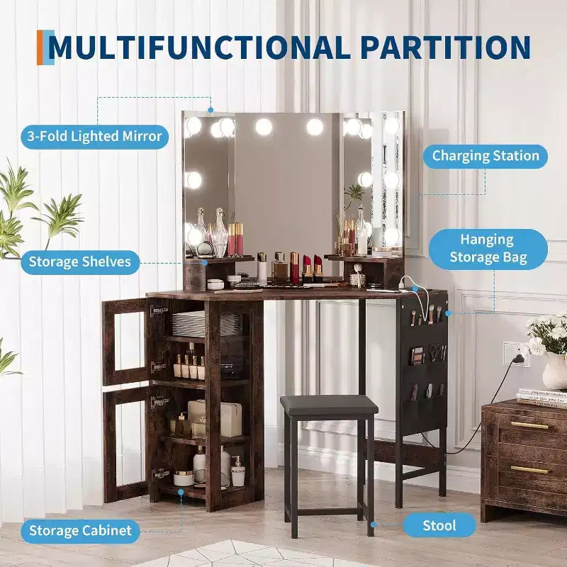 Acekool Coiffeuse d'angle avec tabouret, station de charge et miroir lumineux