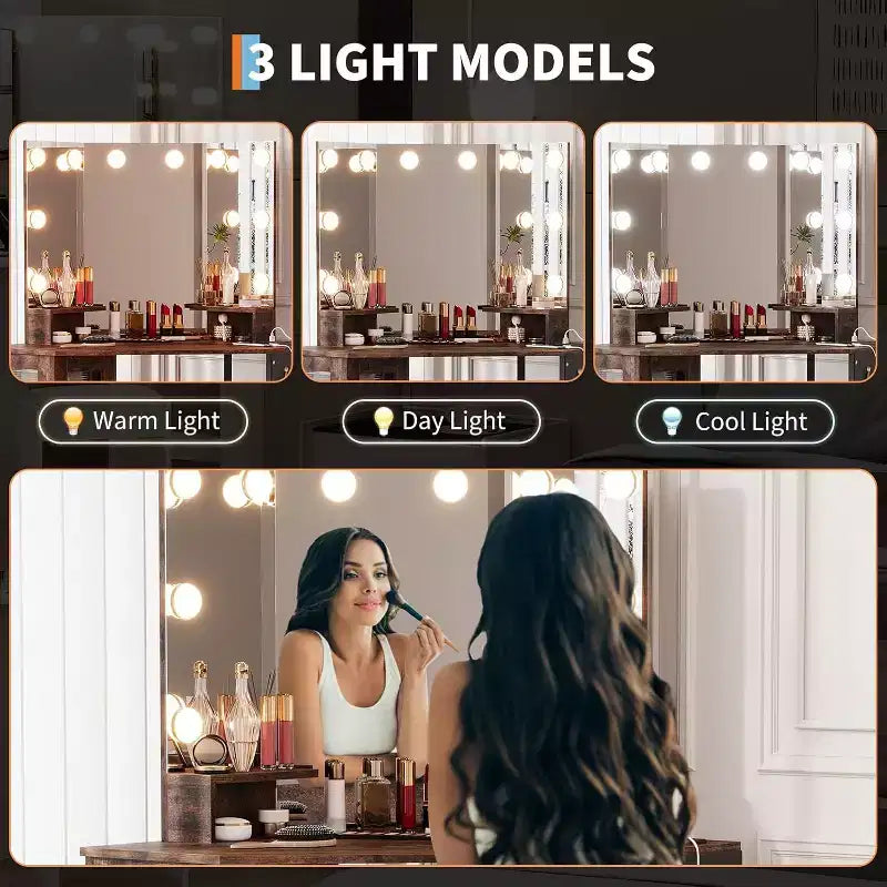 Acekool Coiffeuse d'angle avec tabouret, station de charge et miroir lumineux