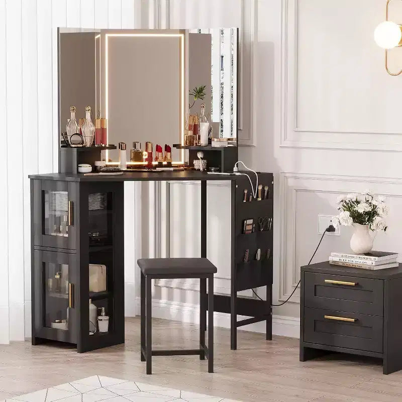 Acekool Coiffeuse d'angle avec tabouret, station de charge et miroir lumineux