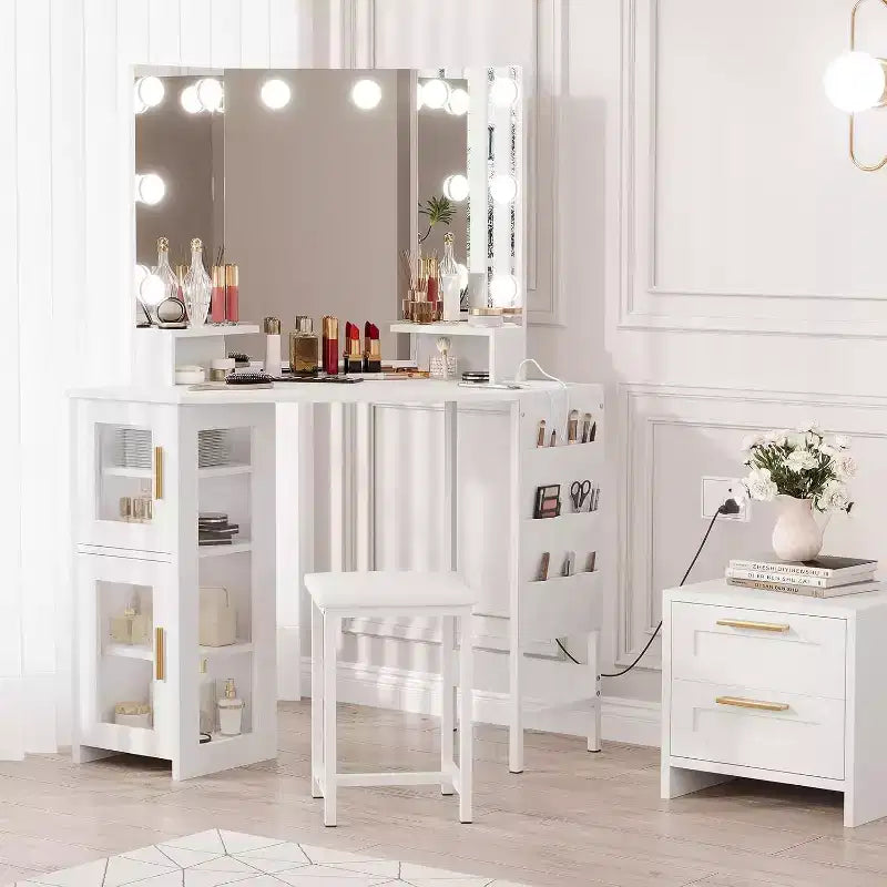Acekool Coiffeuse d'angle avec tabouret, station de charge et miroir lumineux
