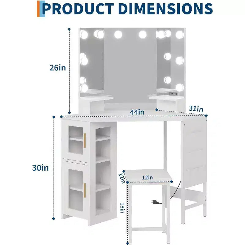 Acekool Coiffeuse d'angle avec tabouret, station de charge et miroir lumineux