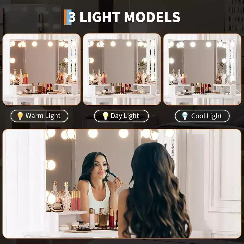Acekool Coiffeuse d'angle avec tabouret, station de charge et miroir lumineux