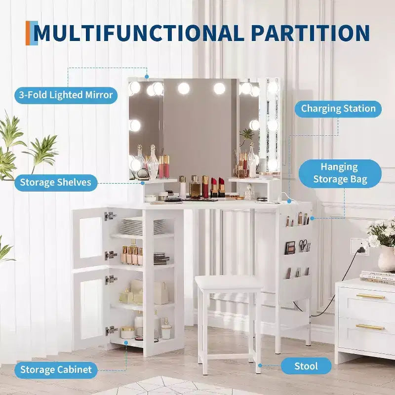 Acekool Coiffeuse d'angle avec tabouret, station de charge et miroir lumineux