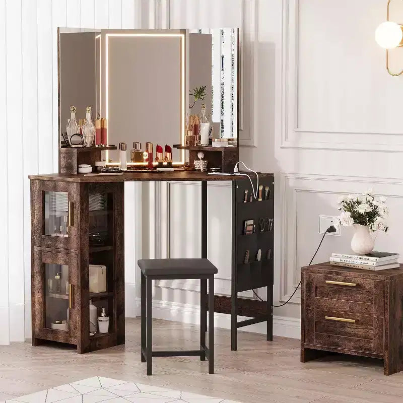 Acekool Coiffeuse d'angle avec tabouret, station de charge et miroir lumineux