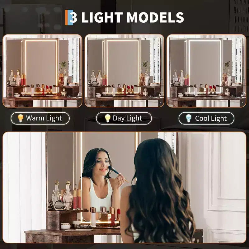 Acekool Coiffeuse d'angle avec tabouret, station de charge et miroir lumineux