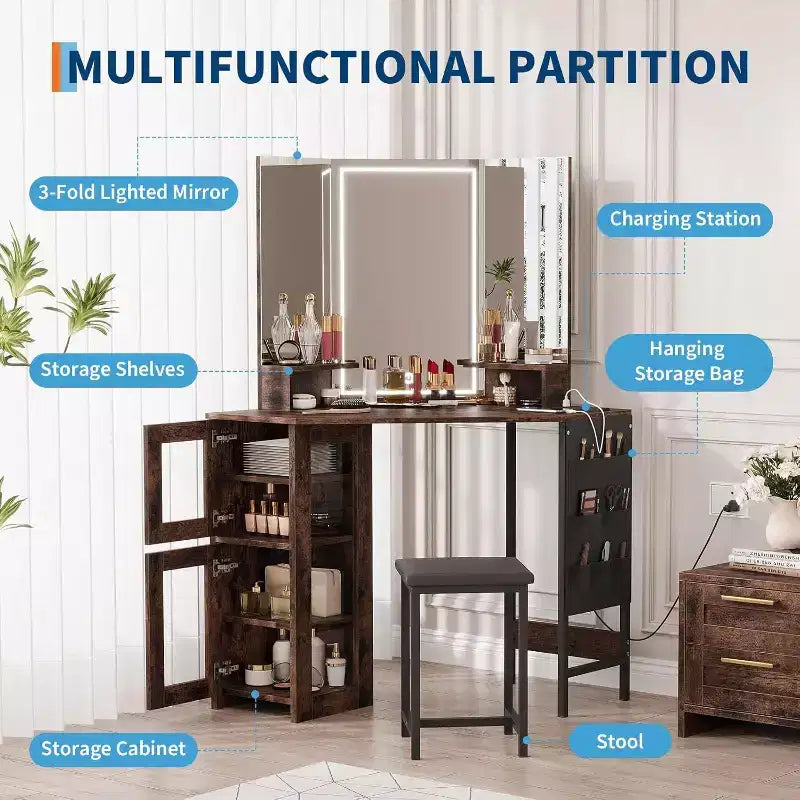 Acekool Coiffeuse d'angle avec tabouret, station de charge et miroir lumineux