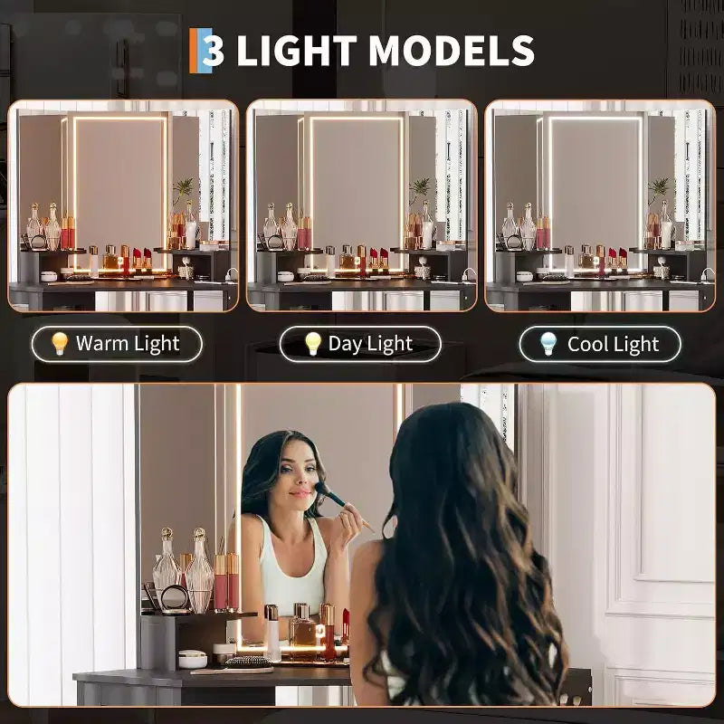 Acekool Coiffeuse d'angle avec tabouret, station de charge et miroir lumineux