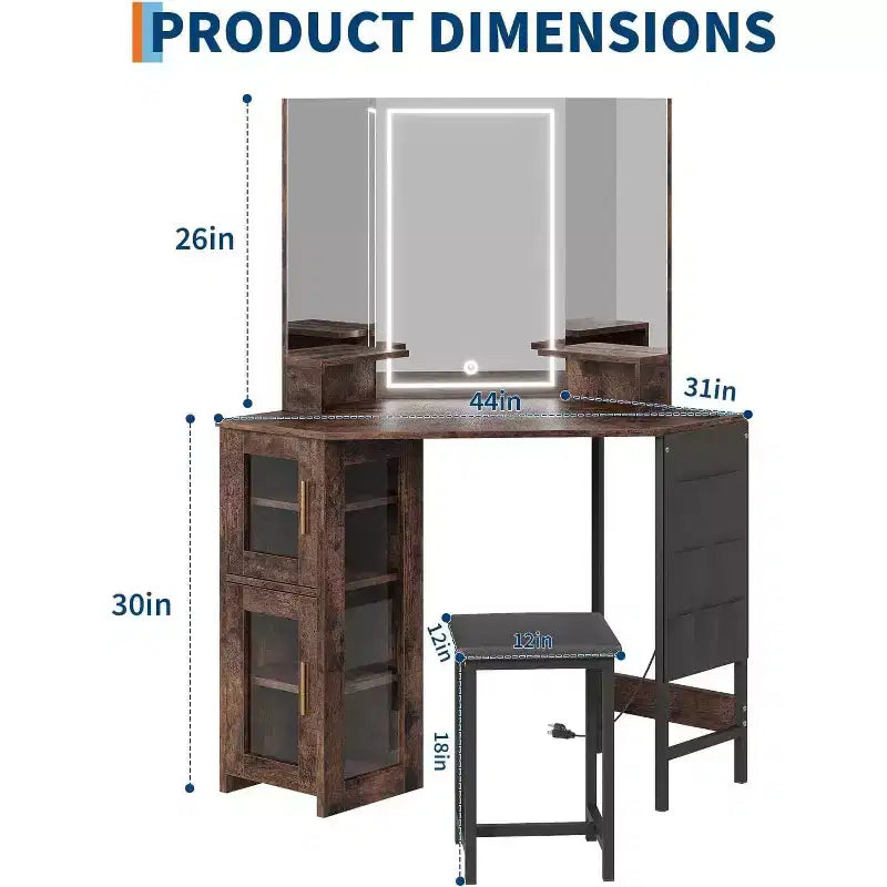 Acekool Coiffeuse d'angle avec tabouret, station de charge et miroir lumineux