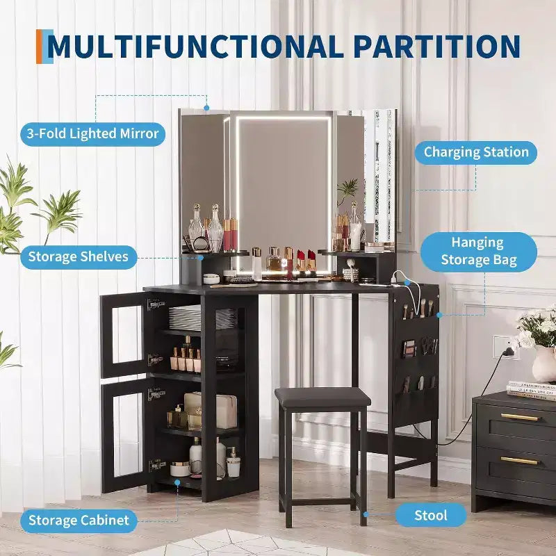 Acekool Coiffeuse d'angle avec tabouret, station de charge et miroir lumineux