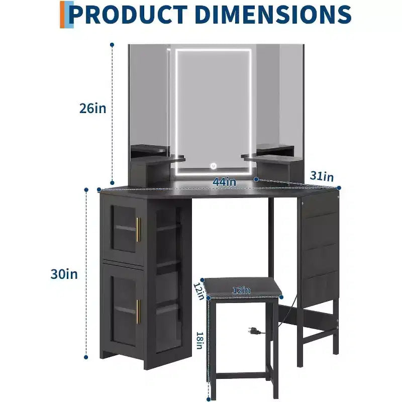 Acekool Coiffeuse d'angle avec tabouret, station de charge et miroir lumineux