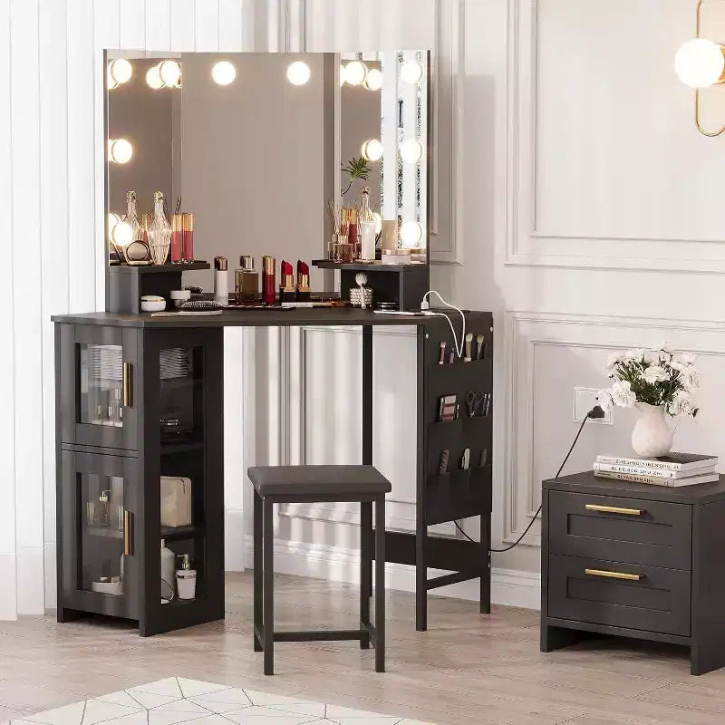Acekool Coiffeuse d'angle avec tabouret, station de charge et miroir lumineux