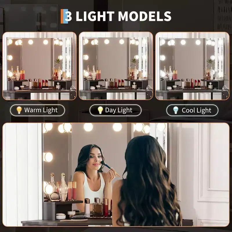 Acekool Coiffeuse d'angle avec tabouret, station de charge et miroir lumineux