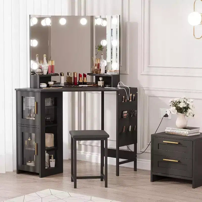 Acekool Coiffeuse d'angle avec tabouret, station de charge et miroir lumineux