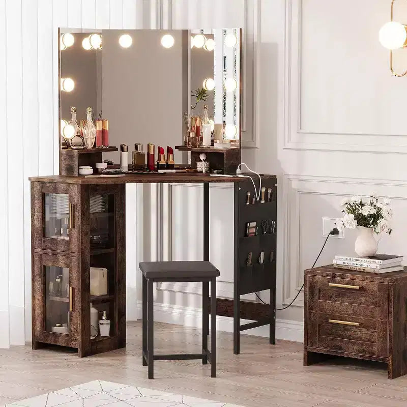 Acekool Coiffeuse d'angle avec tabouret, station de charge et miroir lumineux