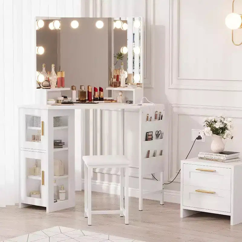 Acekool Coiffeuse d'angle avec tabouret, station de charge et miroir lumineux