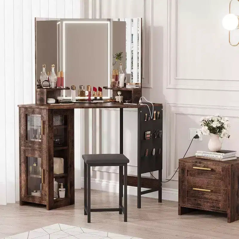 Acekool Coiffeuse d'angle avec tabouret, station de charge et miroir lumineux