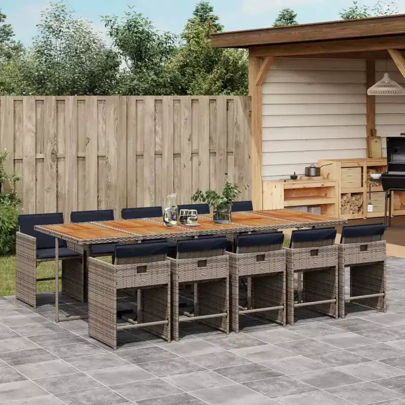 vidaXL Salon de jardin 11 pièces avec coussins Mobilier d'extérieur de jardin Gris rotin synthétique, plateau de table en bois d'acacia, coussins bleu marine