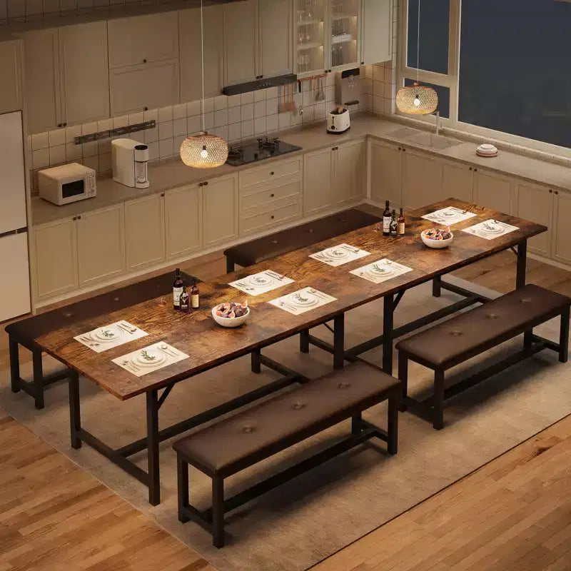 63 Ensemble de table à manger pour 4-8 personnes, grand ensemble de table de cuisine extensible avec 2 bancs rembourrés pour 6 personnes, ensemble de table à manger rectangulaire 3 pièces pour 4 personnes