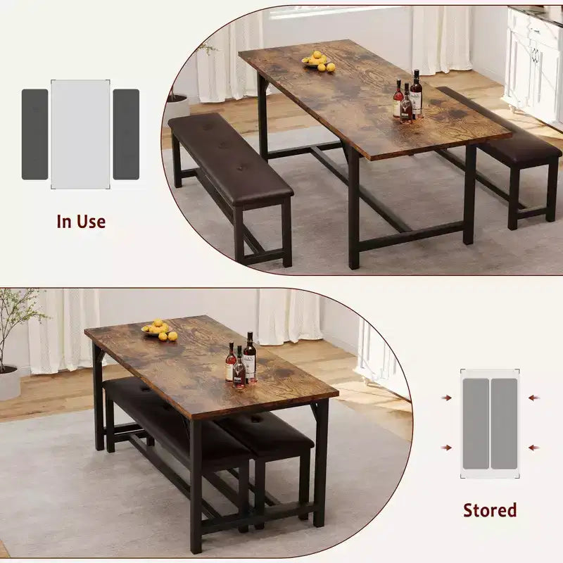 63 Ensemble de table à manger pour 4-8 personnes, grand ensemble de table de cuisine extensible avec 2 bancs rembourrés pour 6 personnes, ensemble de table à manger rectangulaire 3 pièces pour 4 personnes