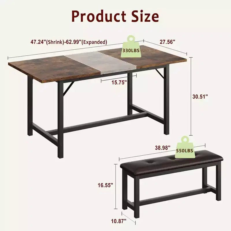 63 Ensemble de table à manger pour 4-8 personnes, grand ensemble de table de cuisine extensible avec 2 bancs rembourrés pour 6 personnes, ensemble de table à manger rectangulaire 3 pièces pour 4 personnes