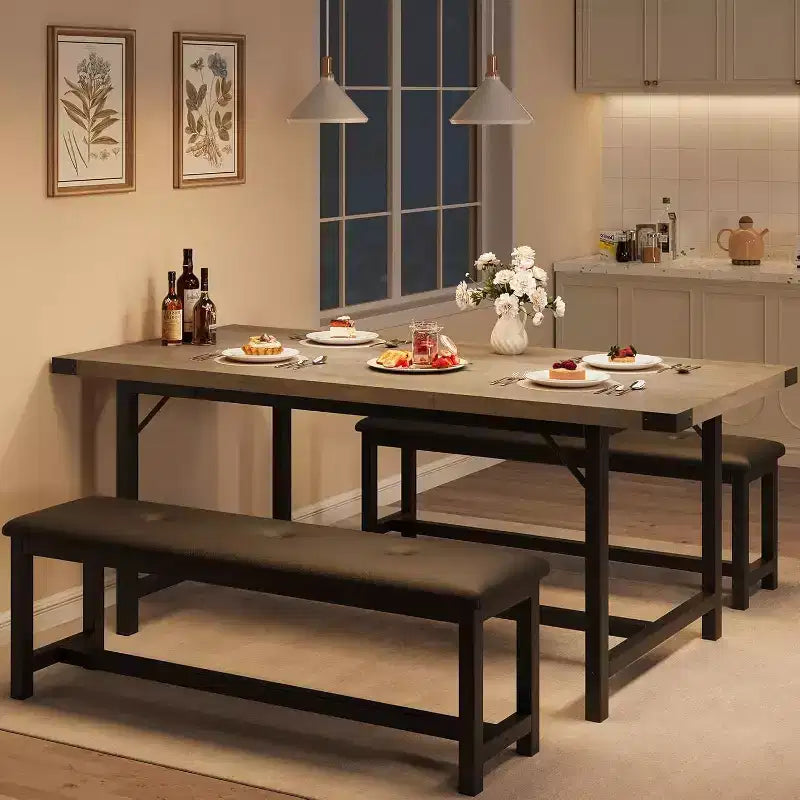 63 Ensemble de table à manger pour 4-8 personnes, grand ensemble de table de cuisine extensible avec 2 bancs rembourrés pour 6 personnes, ensemble de table à manger rectangulaire 3 pièces pour 4 personnes